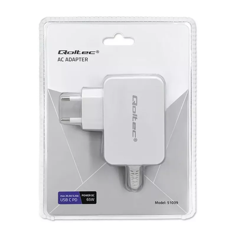 Qoltec 51039 65 W USB-C PD -virtalähde, 5–20,3 V, 2–3,25 A, sisäänrakennettu USB-C-kaapeli, valkoinen