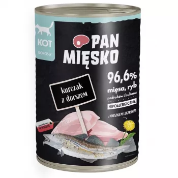 Märkäruoka kissoille Pan Mięsko kana turskalla 400 g – aikuinen, viljaton, allergisille kissoille