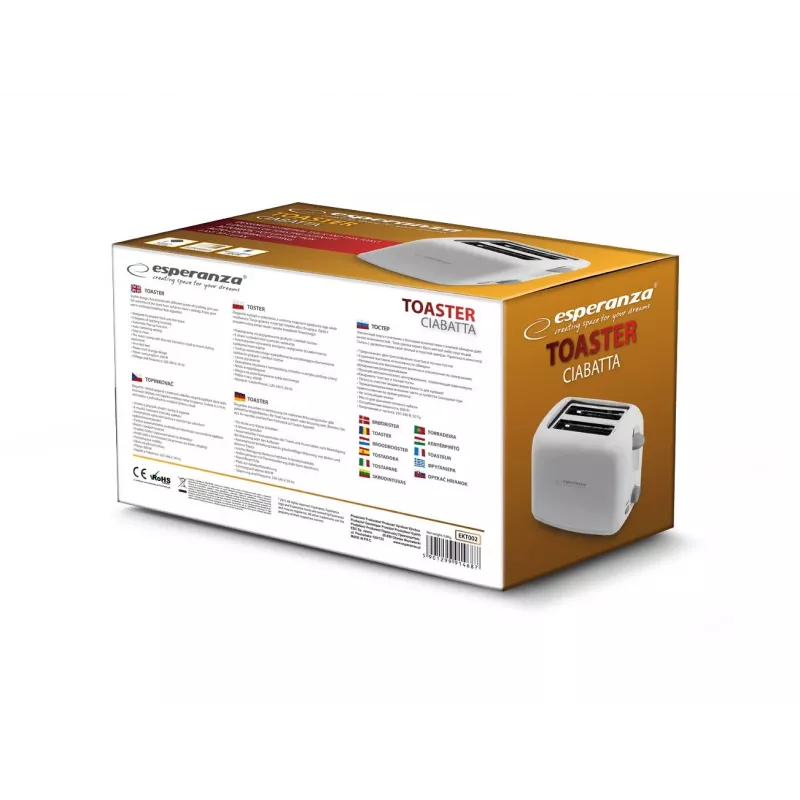 Esperanza EKT002 Ciabatta leivänpaahdin, 2 kitaa, 600 W, valkoinen