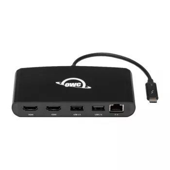 OWC Thunderbolt 3 Mini-telakka, 5 porttia, tukee kahta 4K-näyttöä, Gigabit Ethernet -liitäntä, integroitu kaapeli