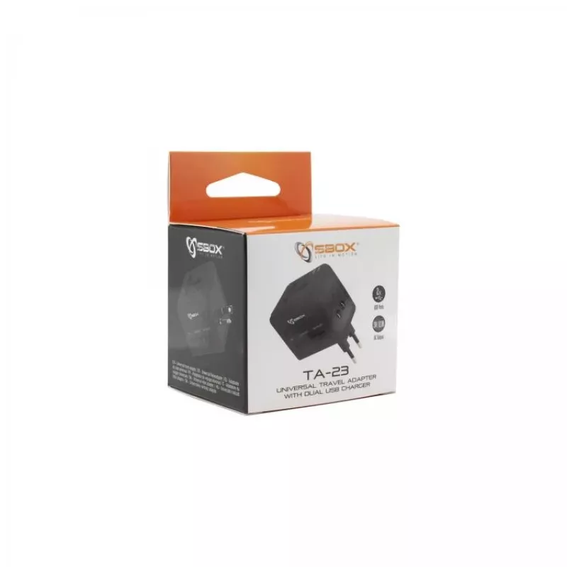 Matkasovitin SBOX TA-23 kaksois-USB-laturilla ja yleisellä pistokeyhteensopivuudella