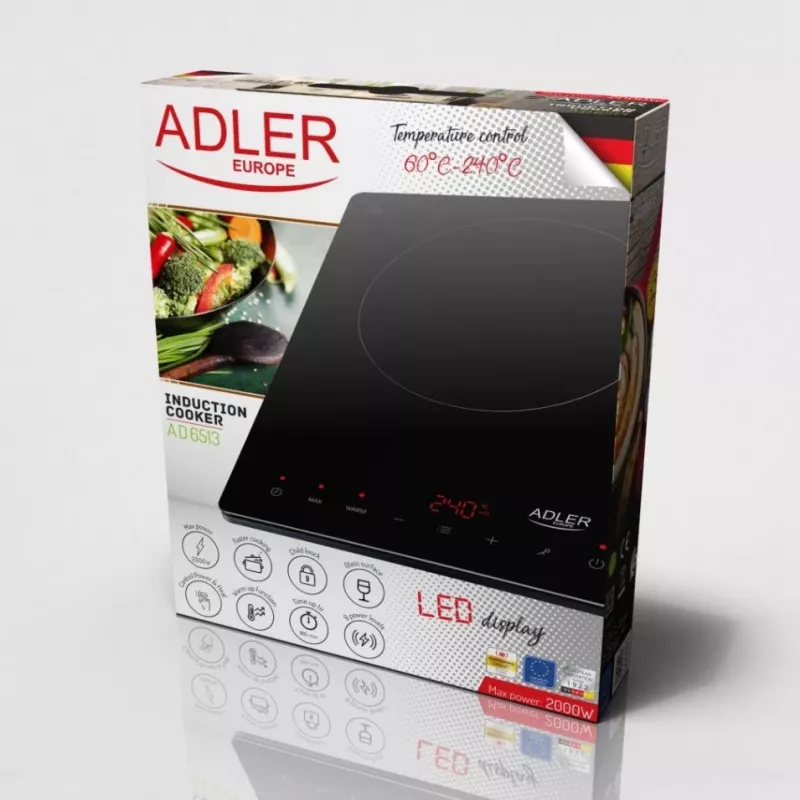 Adler AD 6513 pöytämallinen induktioliesi 29 cm, 1 keittoalue, 2000 W, musta