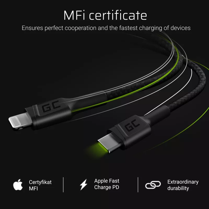 Green Cell PowerStream KABGC07 USB-C–Lightning-kaapeli, 1 m, PD, Apple MFi, musta