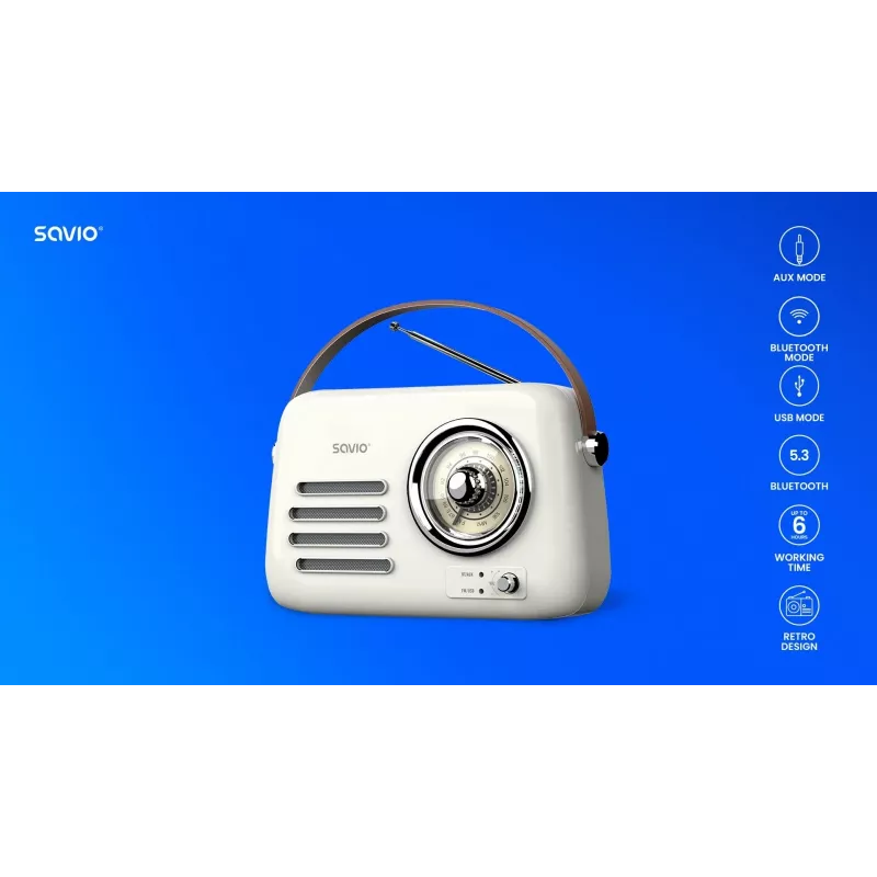 Kannettava radio SAVIO RS-02 — analoginen FM-viritin, Bluetooth 5.3, USB-virtalähde, 3 W, valkoinen