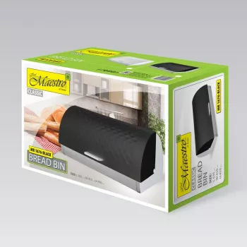Maestro MR-1676 musta pöytäleipälaatikko – ruostumaton teräs, taittokansi, 385×255×190 mm
