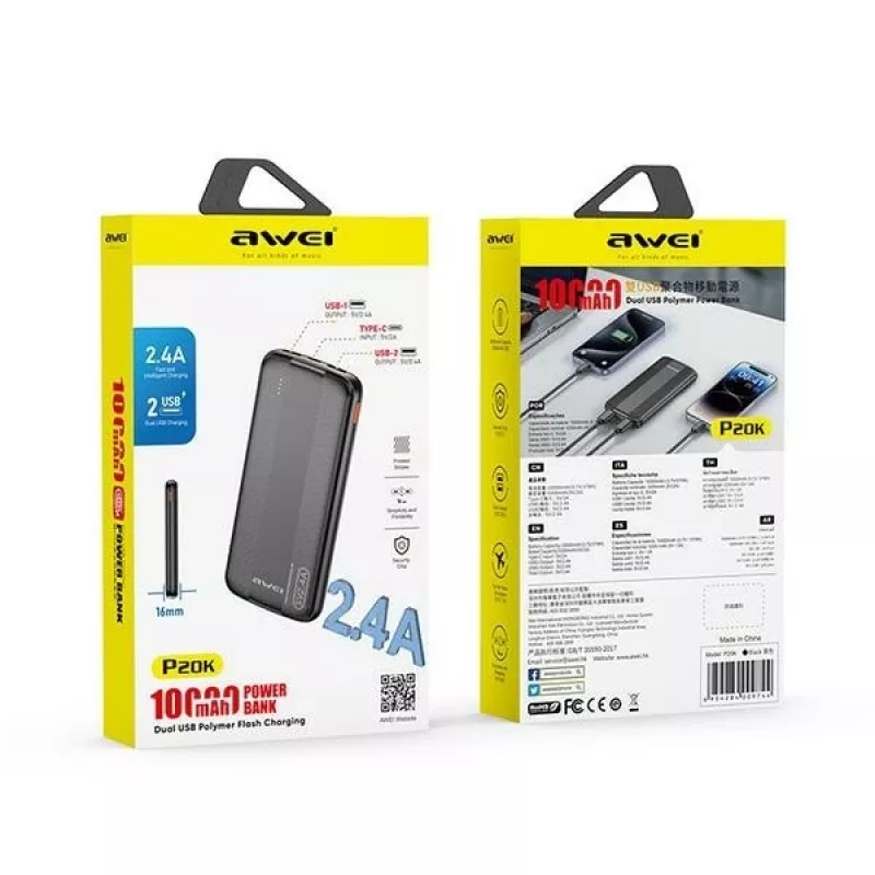Awei PowerBank P20K 10000mAh musta/musta (10000mAh), powerbank, musta