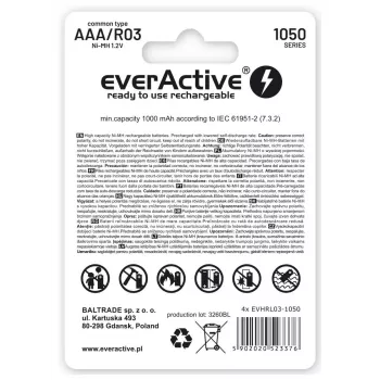 Uudelleenladattavat AAA-NiMH-akut everActive EVHRL03-550 1,2 V 550 mAh 4 kpl:n pakkaus, sylinterimäinen R03