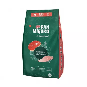 Kuivaruoka koirille Pan Miesko Mr. Meat yrteillä, nauta ja kani M 20 kg pussi, keskikokoisille roduille, proteiini 30 % rasva 20 %