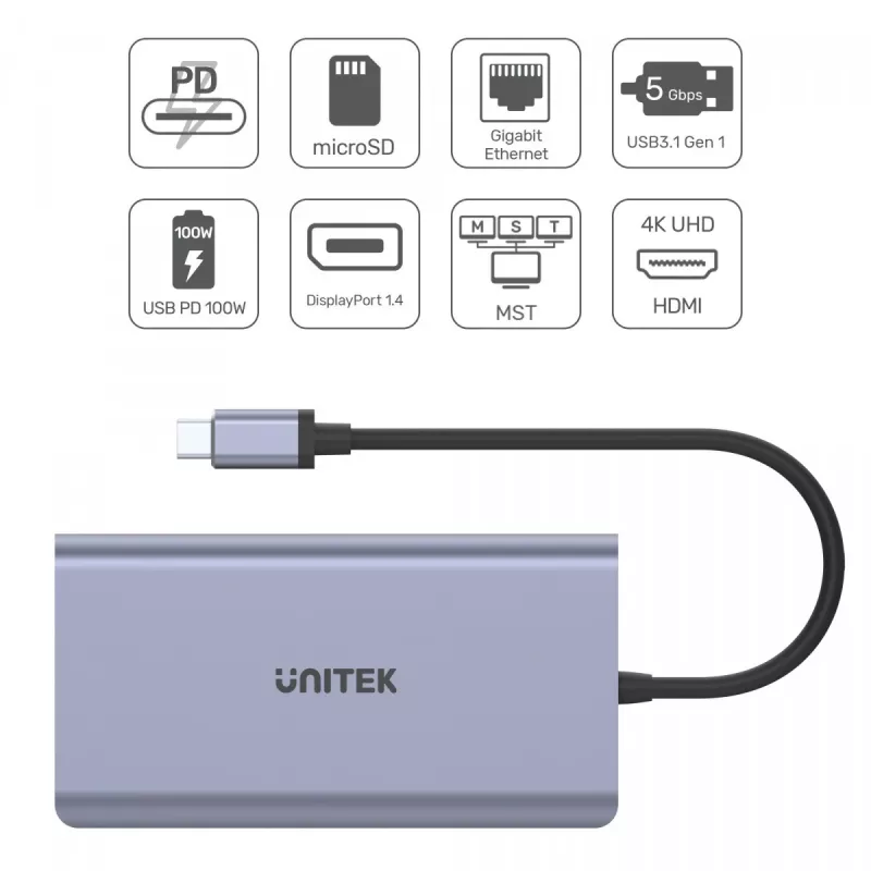 Keskitin UNITEK uHUB S7 USB 3.2 Gen 1 Type-C harmaa
