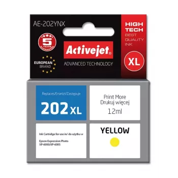 Värikasetti ActiveJet AE-202YNX keltainen, yhteensopiva Epson 202XL, 12 ml värimuste, suuri (XL) riitto, yksittäispakkaus