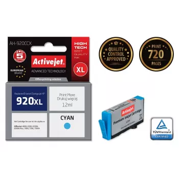 Mustekasetti ActiveJet AH-920CCX yhteensopiva HP 920XL syaani, 12 ml, korkea (XL) riitto, kunnostettu Premium