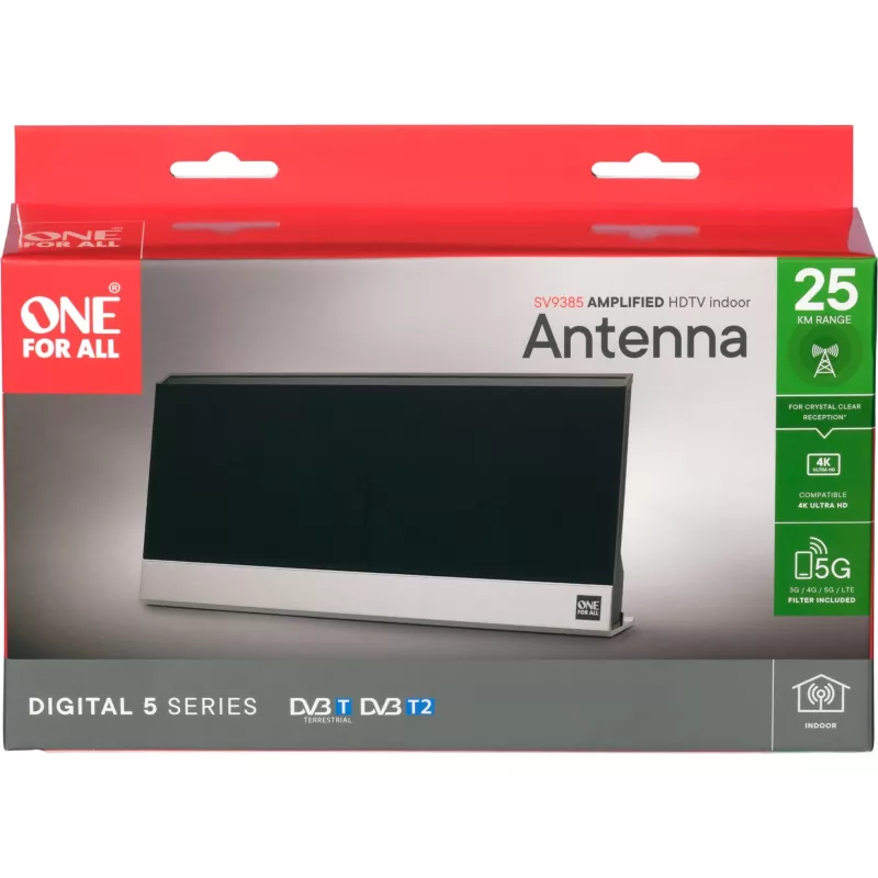 One For All SV 9385 sisäantenni DVB-T DVB-T2 musta