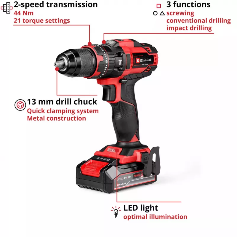Einhell TE-CD 18/44 Li-i 24000 RPM 1,59 kg musta, punainen