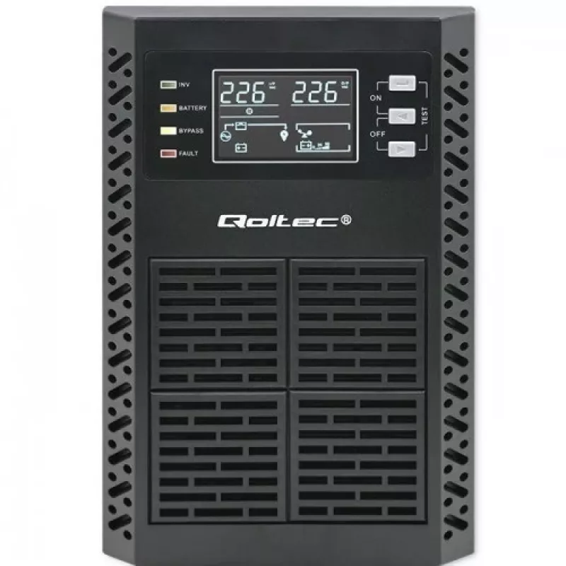 Qoltec 52281 UPS (keskeytymätön virransyöttö) kaksoismuunnos (Online) 2 kVA 2000 W 3 AC-lähtöä
