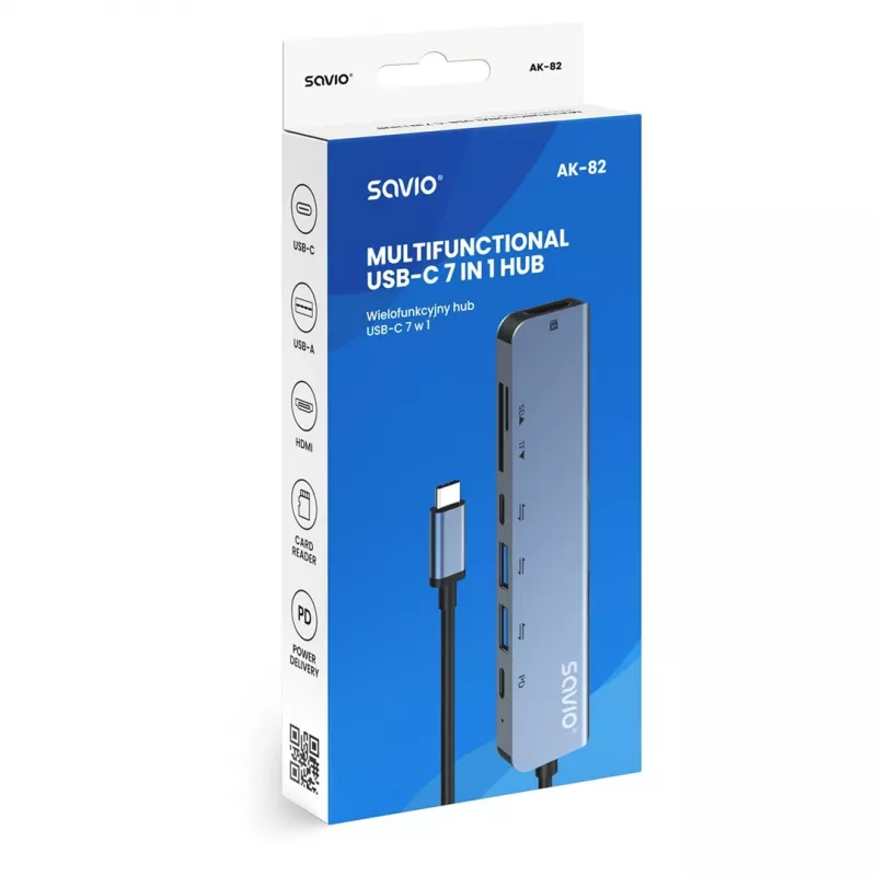 USB Type-C -keskitin SAVIO AK-82 HDMI:llä, MicroSD, USB 3.2 Gen1, PD-läpivienti, 4K@30Hz, 5000 Mbit/s, musta