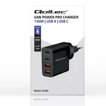 Qoltec GaN POWER PRO -laturi | 2xUSB-C | 2xUSB | 130W | 5-20V | 1.5-5A | XP | musta