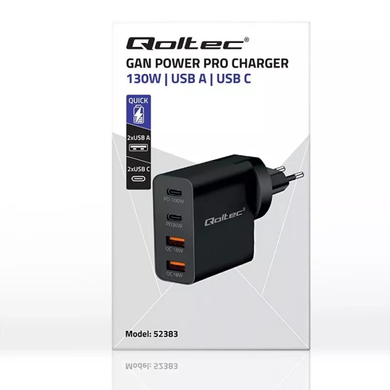 Qoltec GaN POWER PRO -laturi | 2xUSB-C | 2xUSB | 130W | 5-20V | 1.5-5A | XP | musta