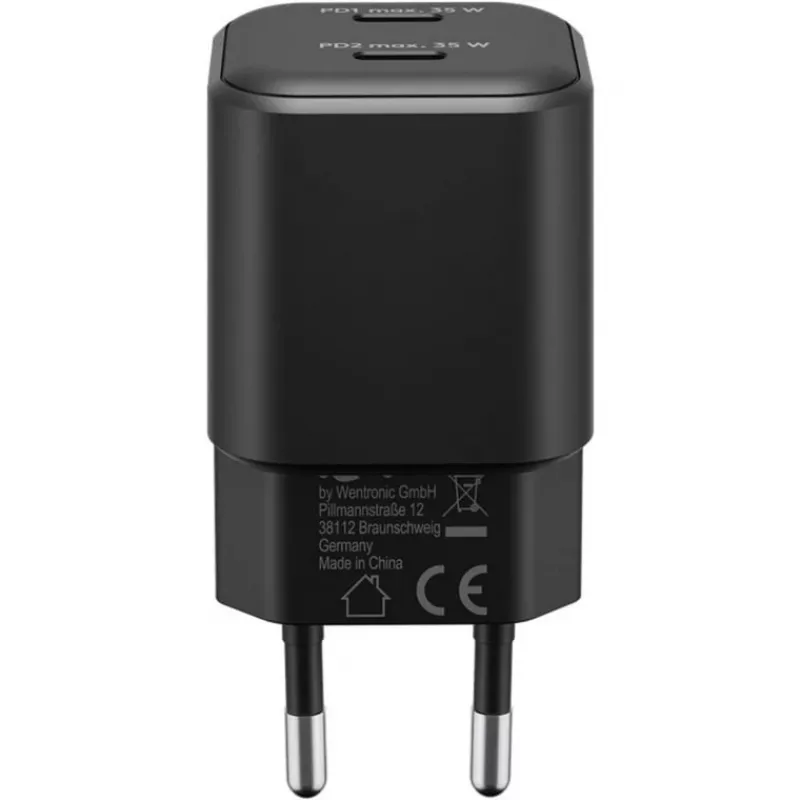 Seinäkiinnitteinen laturi GOOBAY 75333 — yleislaturi AC-USB-C sisäkäyttöön, 2x USB-C, 35 W, musta