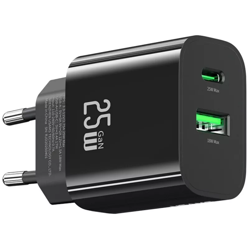 USB-laturi usams USA001629 25W 1×USB-C + 1×USB-A pikalataus