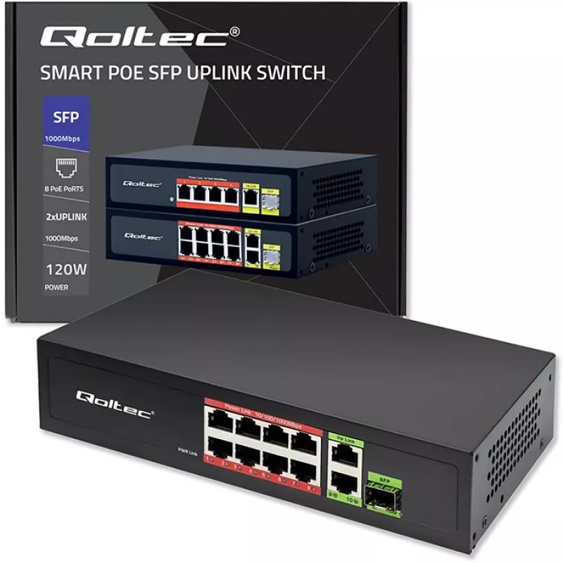 Ethernet-kytkin QOLTEC 52297 PoE RJ45 PoE-uplinkilla ja SFP-portilla