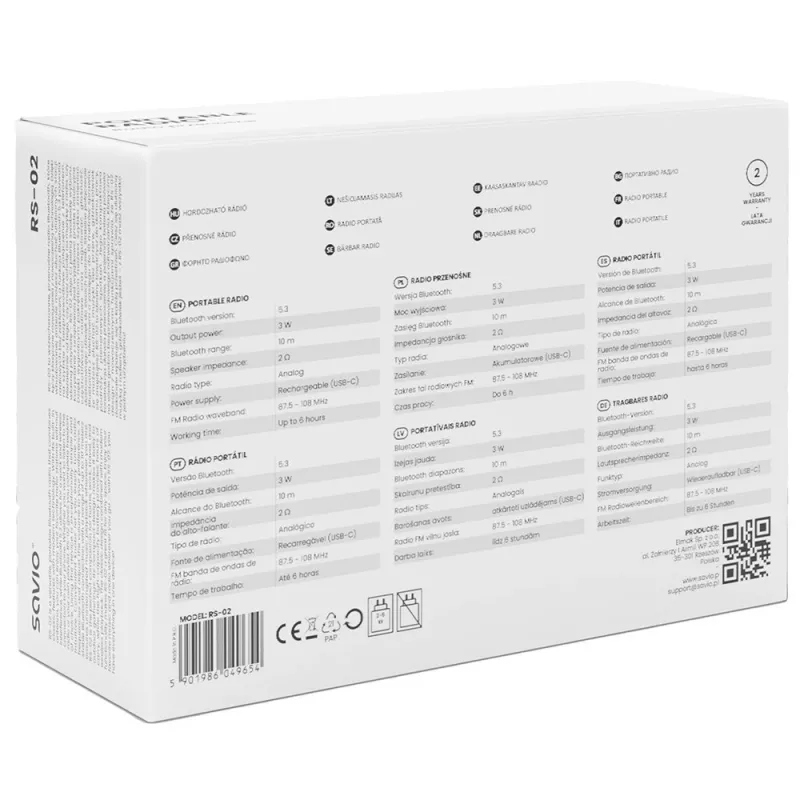 Kannettava radio SAVIO RS-02 — analoginen FM-viritin, Bluetooth 5.3, USB-virtalähde, 3 W, valkoinen