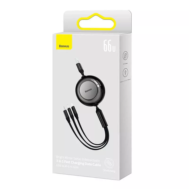 Baseus CAMJ010101 Bright Mirror 2 -sarjan 3-in-1-USB-kaapeli, 66 W, 1 m, musta