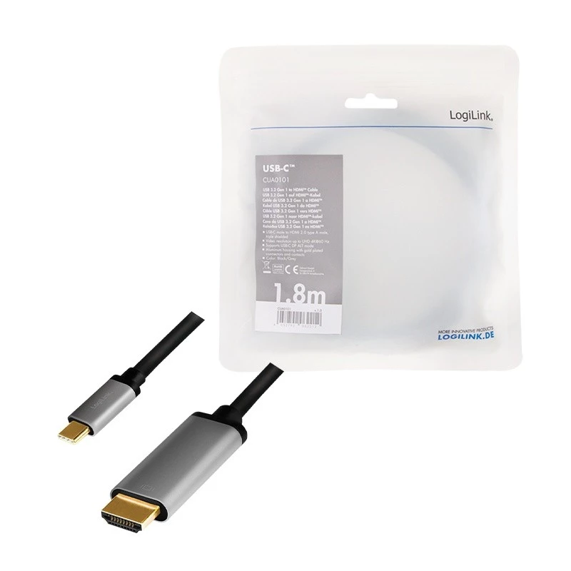 LogiLink CUA0101 USB 3.2 Gen1 Type-C - HDMI-A -kaapeli 1,8 m musta harmaa