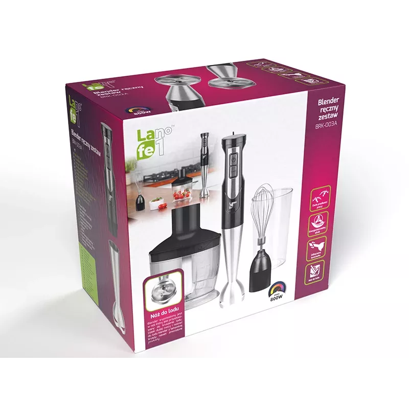 LAFE BlendMix BRK-003A sauvasekoitinsetti, 800 W, 2 nopeutta, turbo, ruostumattomasta teräksestä valmistettu terä, 0,6 l:n kuppi, musta/hopea