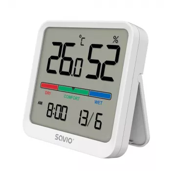 Sisätilan lämpötila- ja kosteusanturi SAVIO CT-01/W, LCD-näyttö, -10–55 °C, 10–99 % RH, paristo CR2032