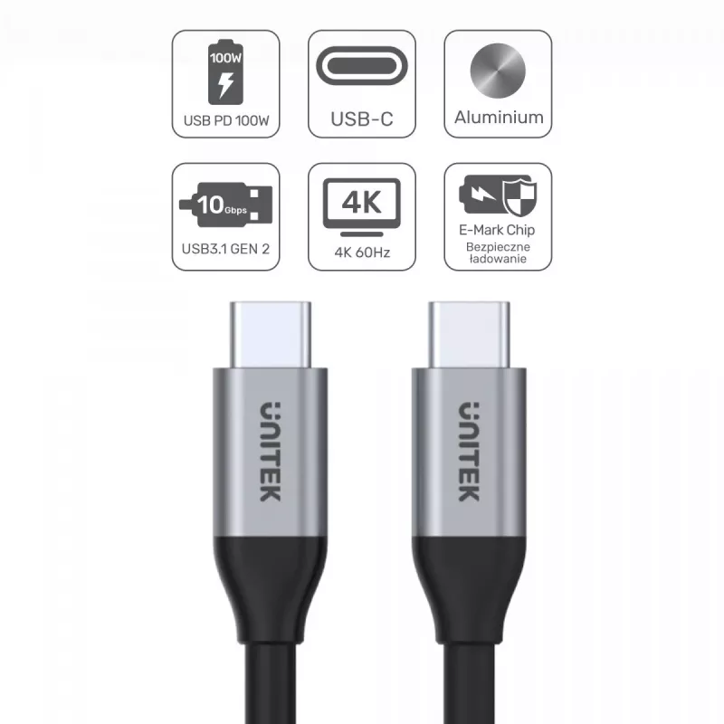 USB-C-USB-C-data- ja latauskaapeli Unitek C14082ABK 1 m, USB 3.2 Gen 2 (10 Gbit/s), 100 W PD, musta