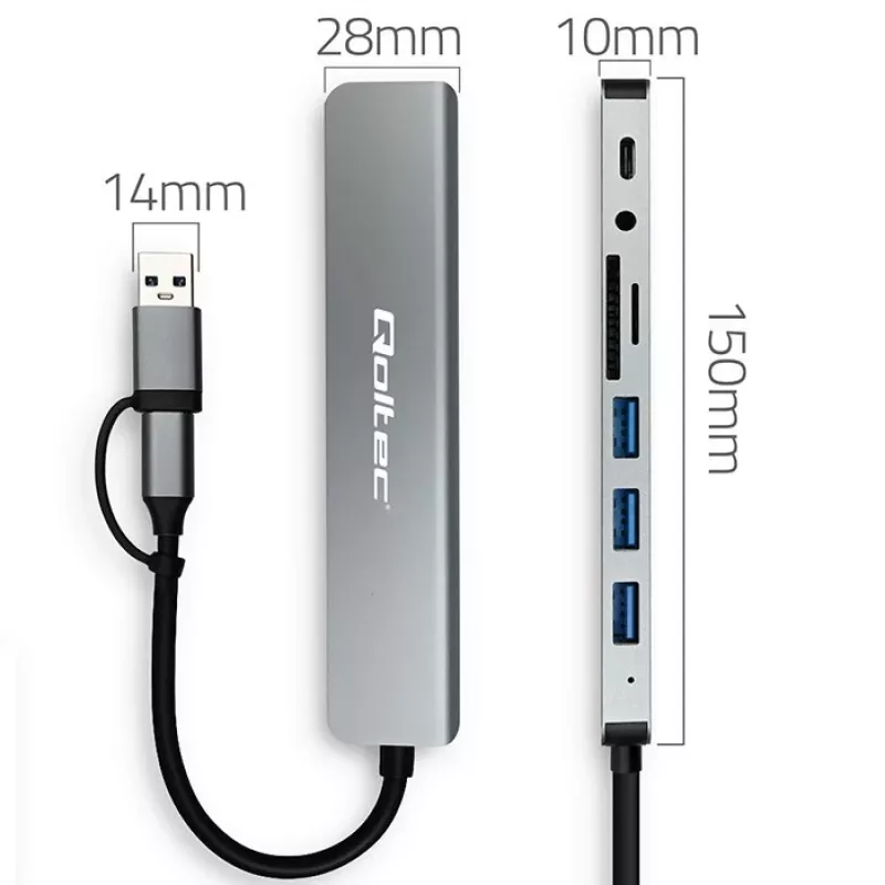 QOLTEC USB-C-keskitin 4x USB + SD/TF-kortinlukija malli 53794