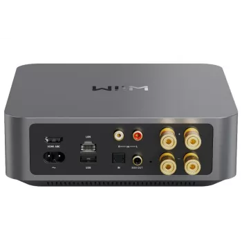 WiiM Amp Pro stereo streaming-vahvistin tummanharmaa — Wi‑Fi, Bluetooth 5.3, AirPlay 2, Spotify Connect, HDMI ARC, optinen tulo, sub-lähtö