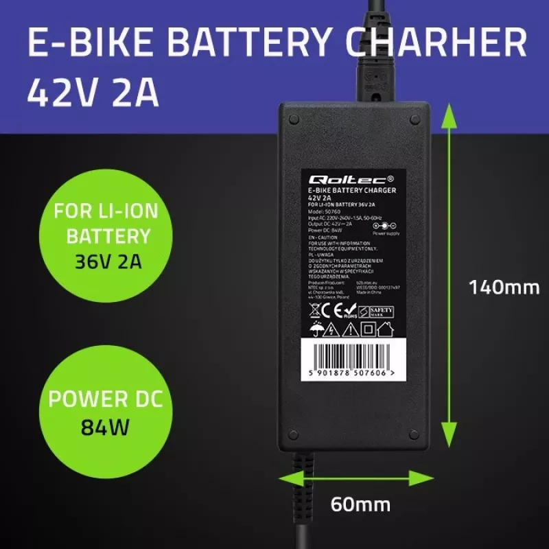 Qoltec 50760 sähköpyörän akkulaturi 36V | 42V | 2A | 5,5*2,1