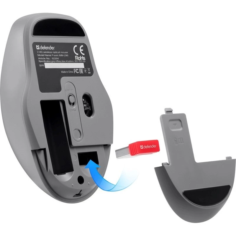 Defender Feam MM-296 52294 langaton hiiri, hiljainen napsautus, optinen, 1600 DPI, USB, minttu