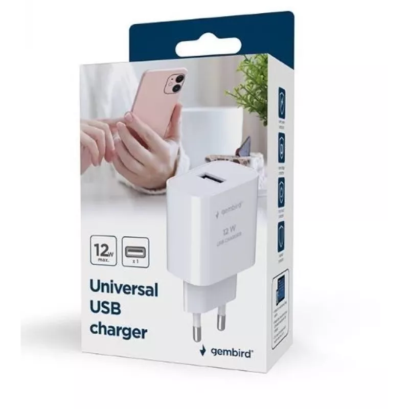 Mobiililaitteen laturi GEMBIRD TA-UC-1A12-01 5V 2.4A 12W USB PD, 1 liitäntä, valkoinen