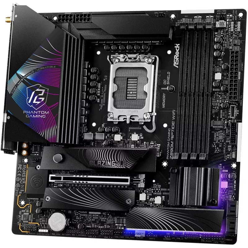 ASRock Phantom Gaming Z890M Riptide WiFi emolevy, Intel Z890, LGA1851, micro ATX, DDR5, enintään 256 GB, Wi-Fi 6E, Bluetooth, 5GbE LAN, USB4