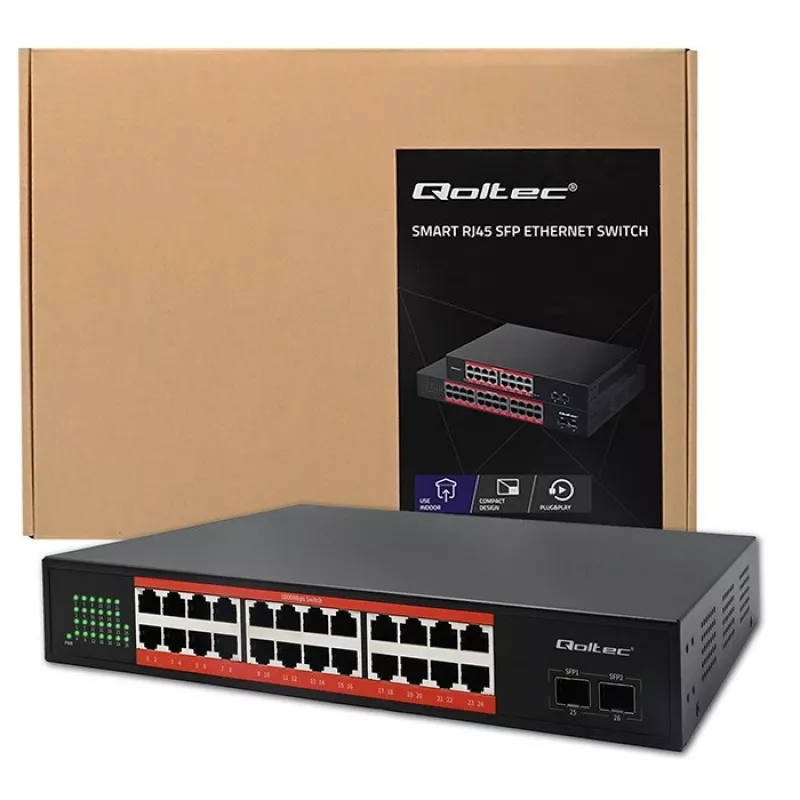 Verkkokytkin QOLTEC Gigabit Ethernet PoE 24xRJ45 2xSFP