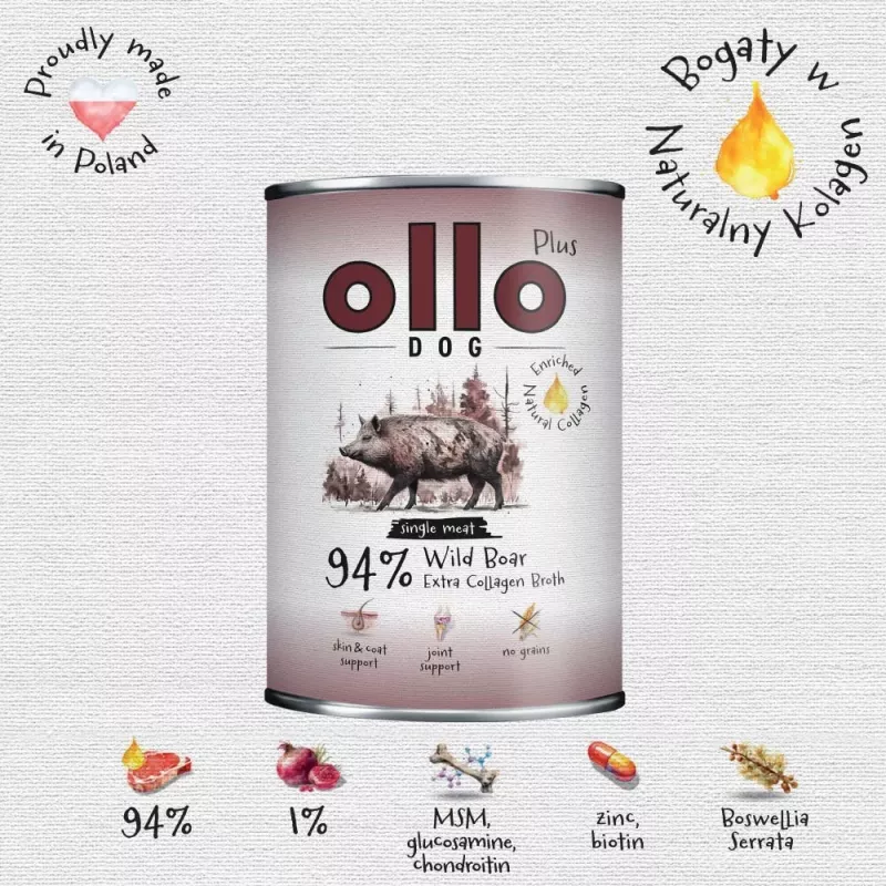 Ollo Plus kollageeni villisika 400 g koiranruokapurkki