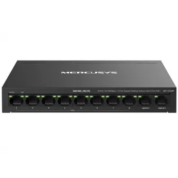 Verkkokytkin MERCUSYS MS110CMP — 8-porttinen PoE, 10 Gigabit RJ‑45-porttia yhteensä, 115 W PoE-budjetti, Desktop-/seinäasennus, musta