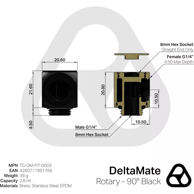 Thermal Grizzly DeltaMate Rotary 90° – nesteliitäntä, musta, 1 kpl (TG-DM-FIT-0003)