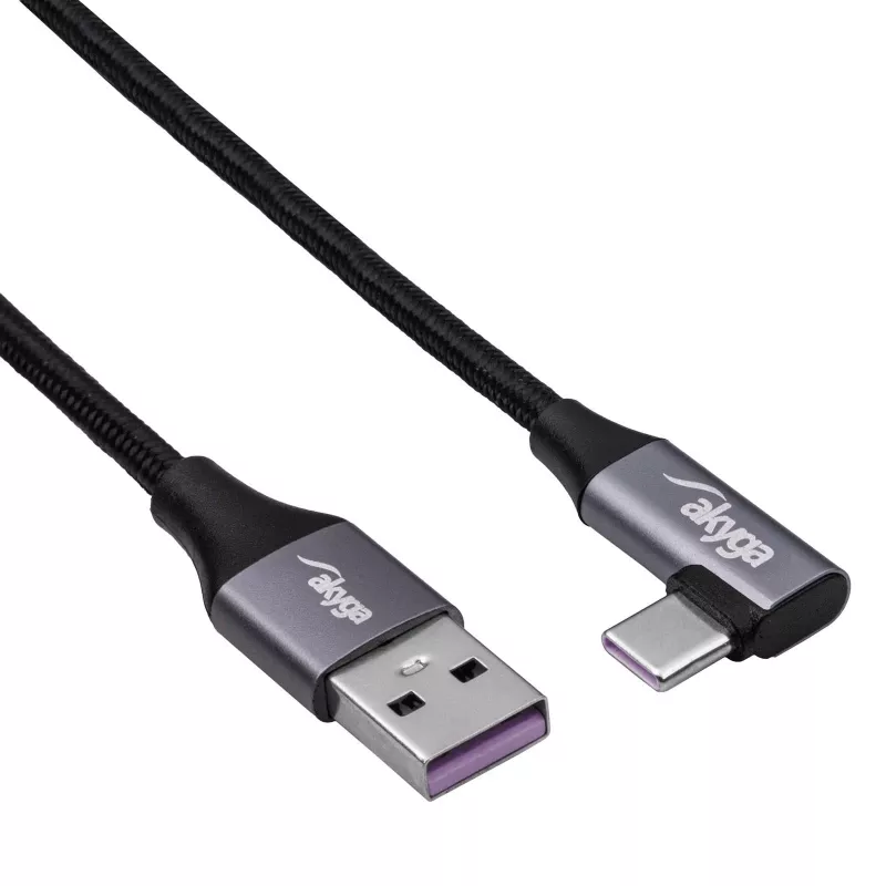 Akyga AK-USB-58 kulmikas USB-C - USB-A kaapeli, 30 cm, 60 W, punottu, musta
