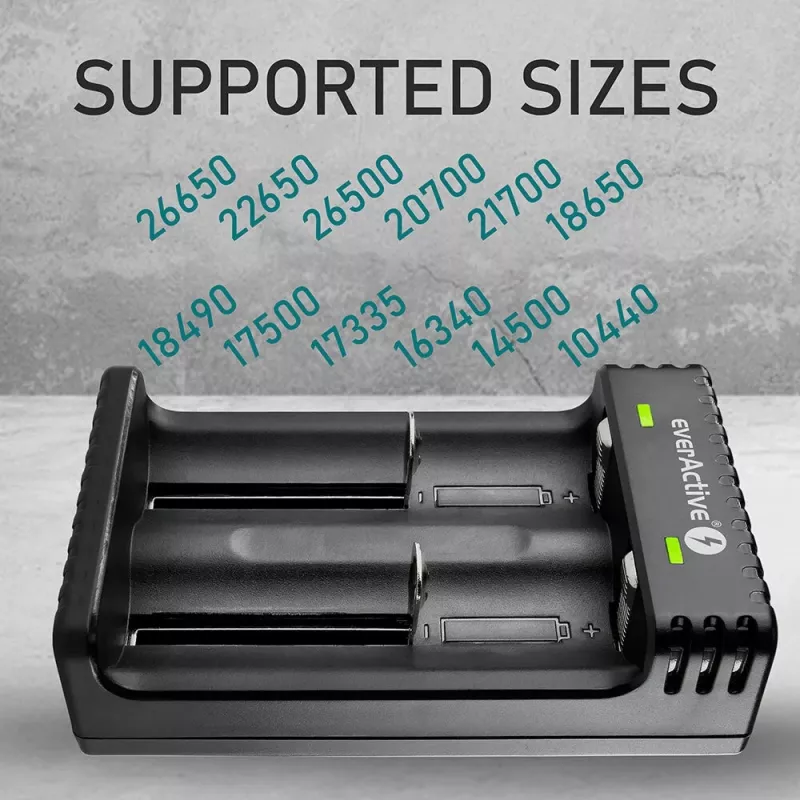 Akkulaturi everActive LC200 kotitalous USB, 2 paikkaa, Li-Ion, tukee A/AA/AAA/AAAA/C/D, 5 V tulo, 4,2 V lähtö, musta