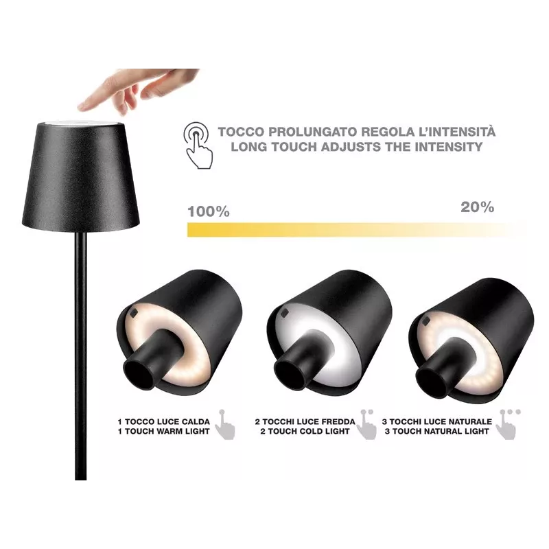 Beper P201UTP118 ladattava LED-pöytävalaisin, 1,5 W, kosketuskytkin, himmennettävä, 33 mm:n pullosovitin, vedenkestävä, musta