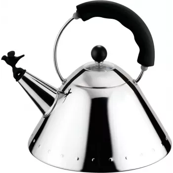Alessi 9093 B vedenkeitin kahvalla, ruostumaton teräs, linnunmuotoinen pilli mustaa PA:ta