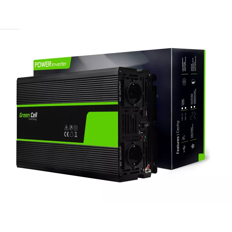 Auto-vaihtosuuntaaja Green Cell INV22 — 1500 W, 12 V DC – 230 V AC, 50 Hz, LED, aktiivinen jäähdytys, musta