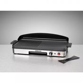 Sähköinen pöytägrilli Rommelsbacher BBQ 2003 — 1900 W, 50×25 cm, uritettu + teppanyaki, portaattomasti säädettävä termostaatti, hopea/musta