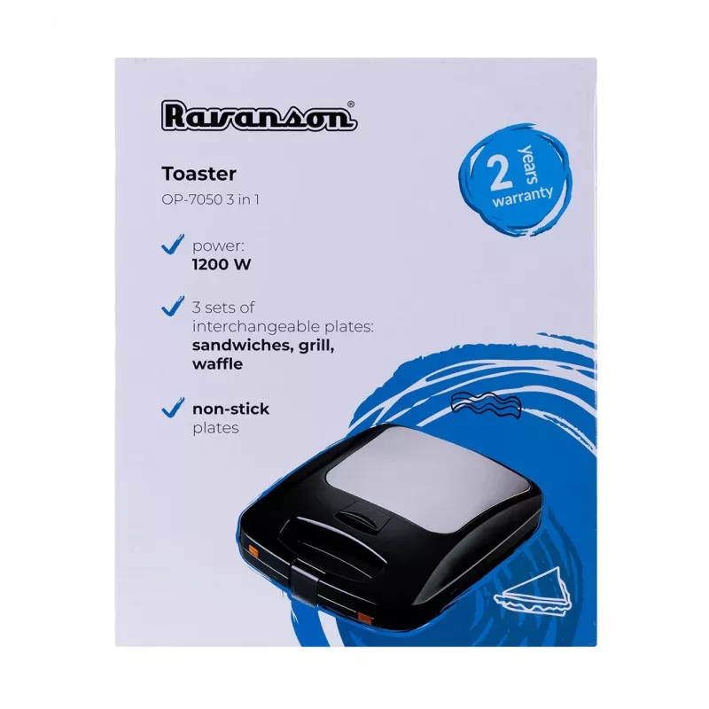Ravanson OP-7050 3-in-1-voileipägrilli, 1200 W, Musta/Hopea