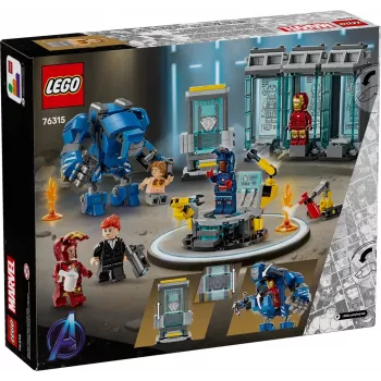 LEGO Marvel Iron Man -laboratorio ja asevarasto 76315 leikkisetti – 384 osaa, 5 minifiguuria, esittelyalue