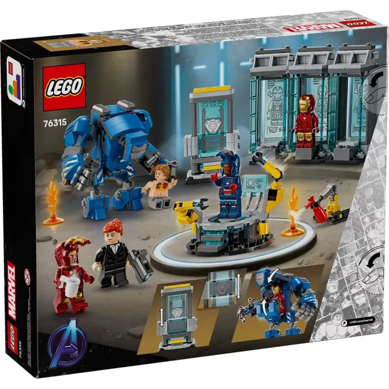 LEGO Marvel Iron Man -laboratorio ja asevarasto 76315 leikkisetti – 384 osaa, 5 minifiguuria, esittelyalue