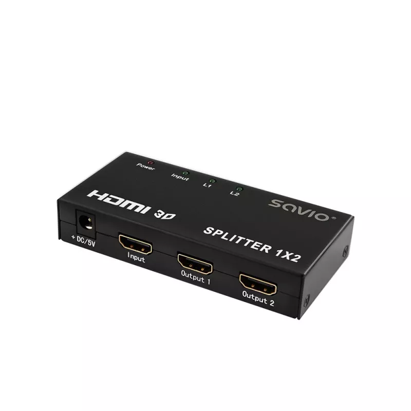 HDMI-videosplitteri SAVIO CL-42 — 2x HDMI-lähdöt, 1920x1080, 36-bittinen väri, metallikotelo, 5V/1A